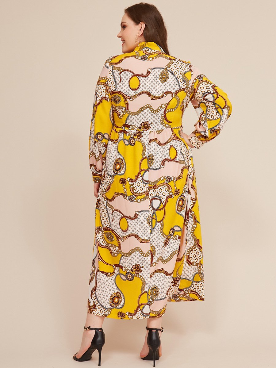 Printed Tie Lantern Sleeve Maxi Dress