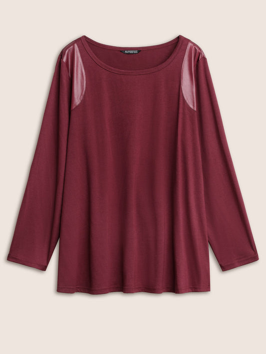 Crew Neck Plain PU Leather T-shirt