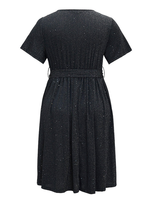 Glitter Pocket Keyhole Square Neck Belted Ruffle Hem Dress