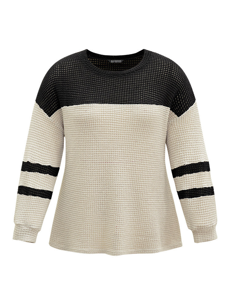 Contrast Waffle Knit Striped Round Neck T-shirt