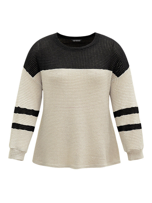 Contrast Waffle Knit Striped Round Neck T-shirt