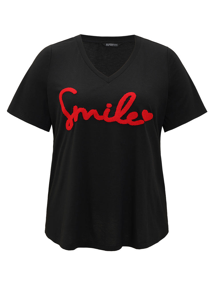 Letter Embroidered V Neck T-shirt