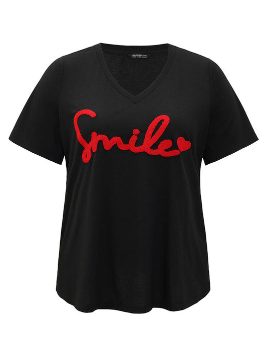 Letter Embroidered V Neck T-shirt