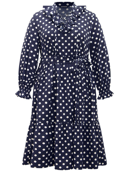 Polka Dot Ruffle Trim Belted Lace Up Dress