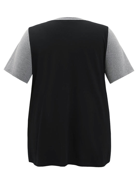 Letter & Leaf Print Contrast Notched Neck T-shirt