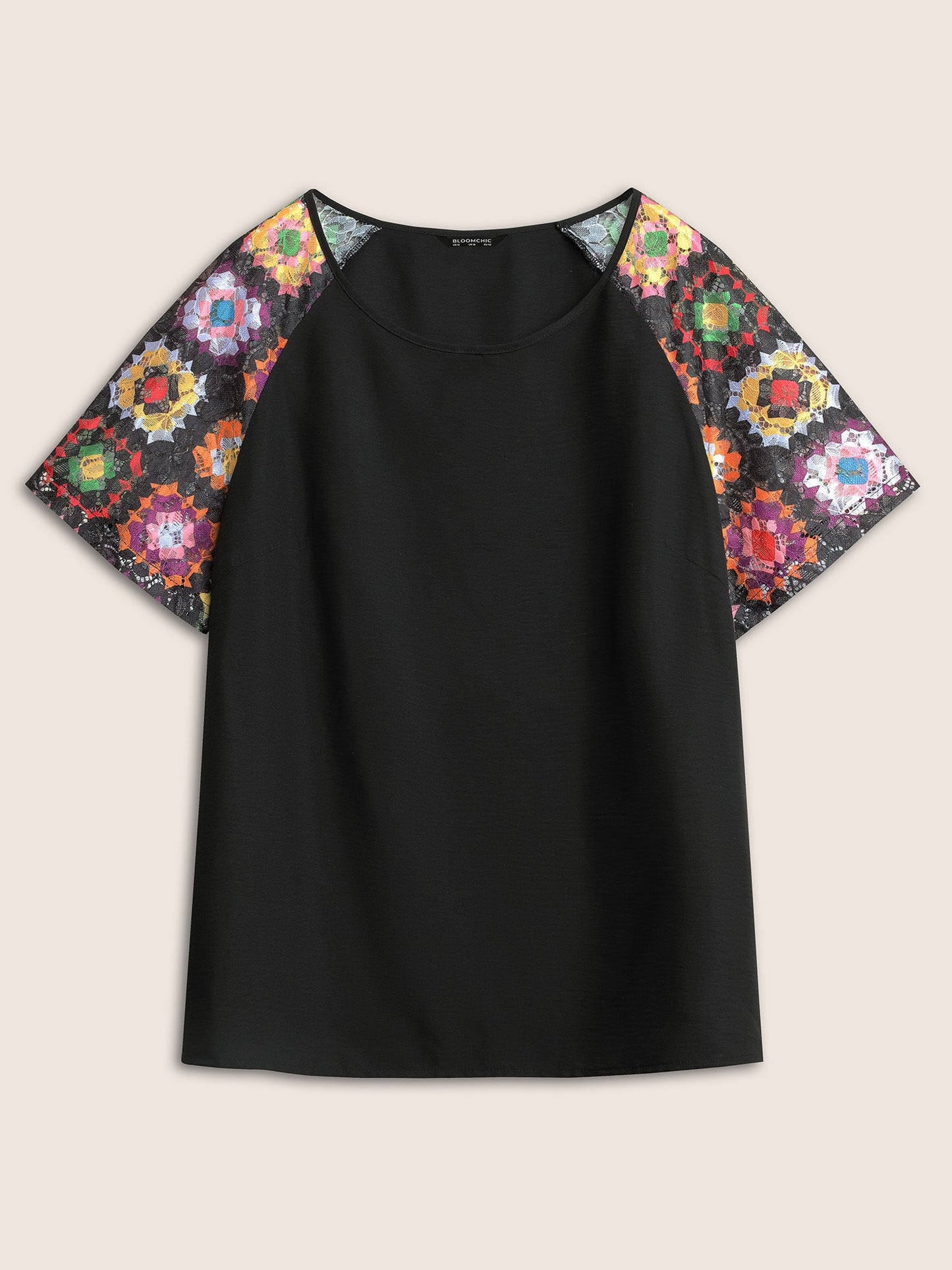 Boho Print Lace Panel Raglan Sleeve Blouse