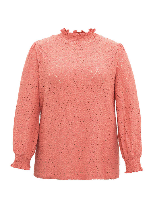 Broderie Anglaise Shirred Stand Collar T-shirt