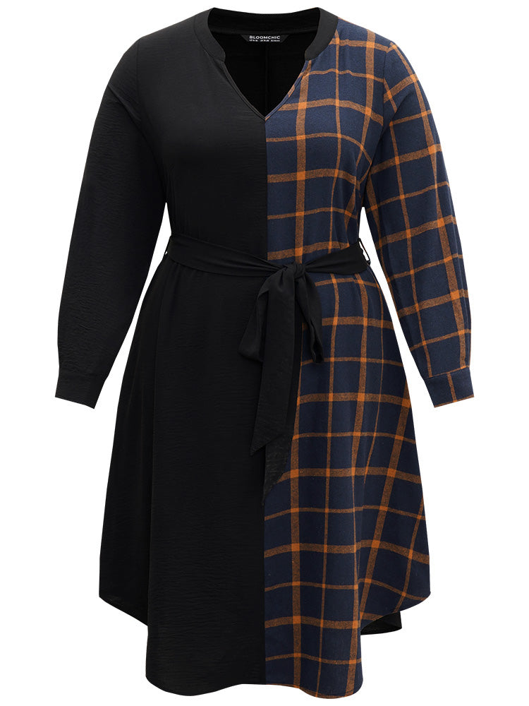 Plaid Patchwork Notched Belted Dress