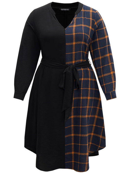 Plaid Patchwork Notched Belted Dress