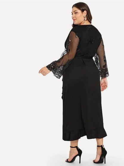 Ruffle Hem Sheer Sleeve Elegant Maxi Dress