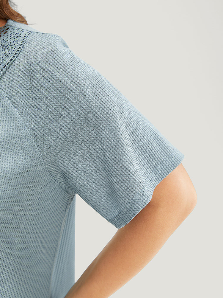 Solid Raglan Sleeve Contrast Lace Waffle Knit T-shirt