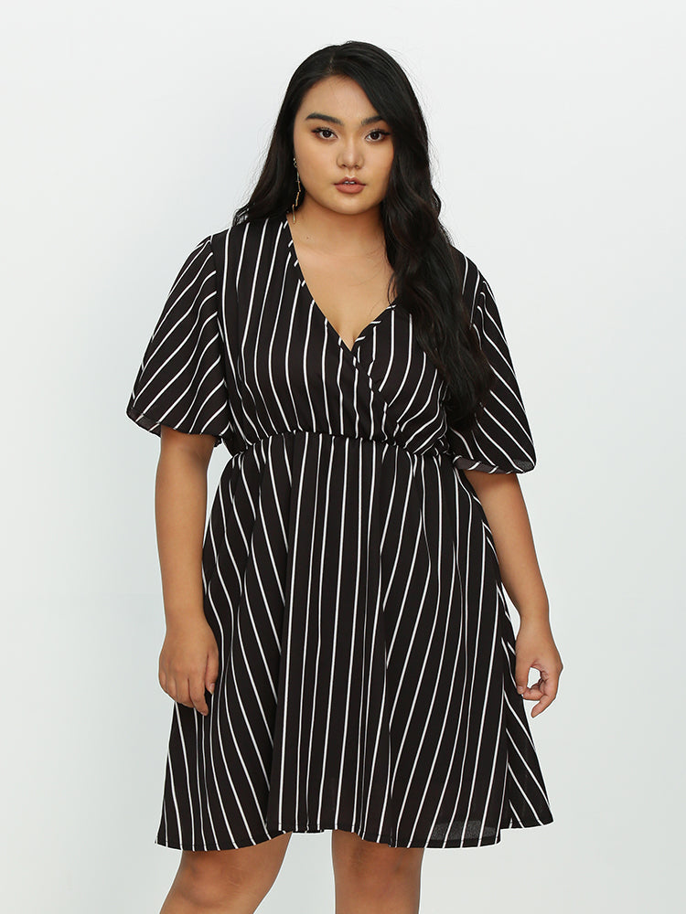 Striped Surplice Neck Short Sleeve Dress
