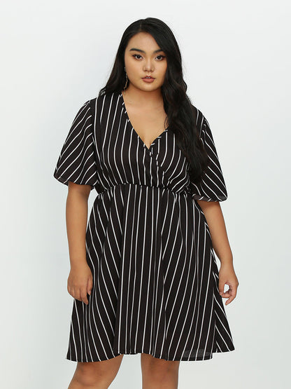 Striped Surplice Neck Short Sleeve Dress