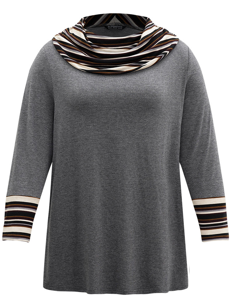 Striped Patchwork Contrast Cowl Neck T-shirt