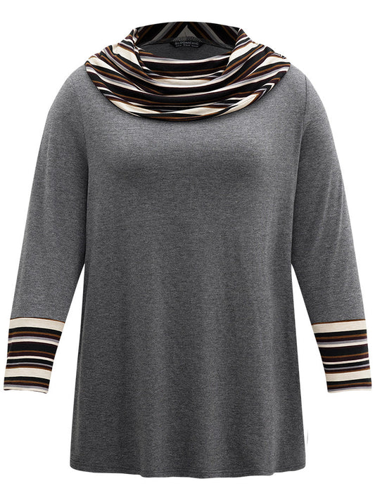 Striped Patchwork Contrast Cowl Neck T-shirt