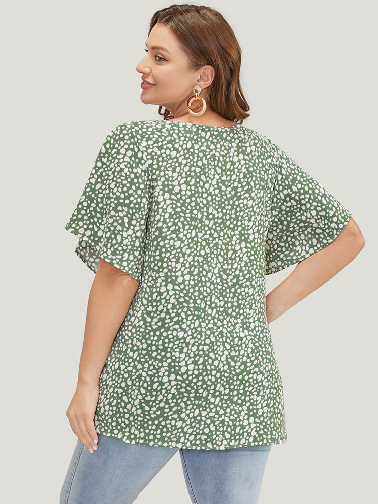 Allover Print Cut Out Ruffle Sleeve Twist Front Blouse