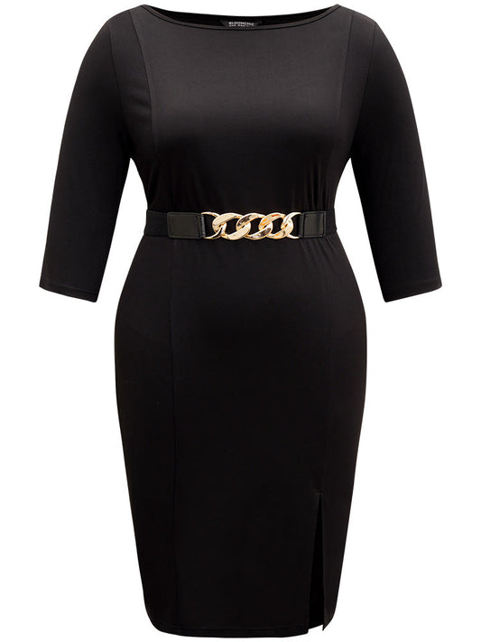 Plain Split Hem Buckle Detail Belted Dress