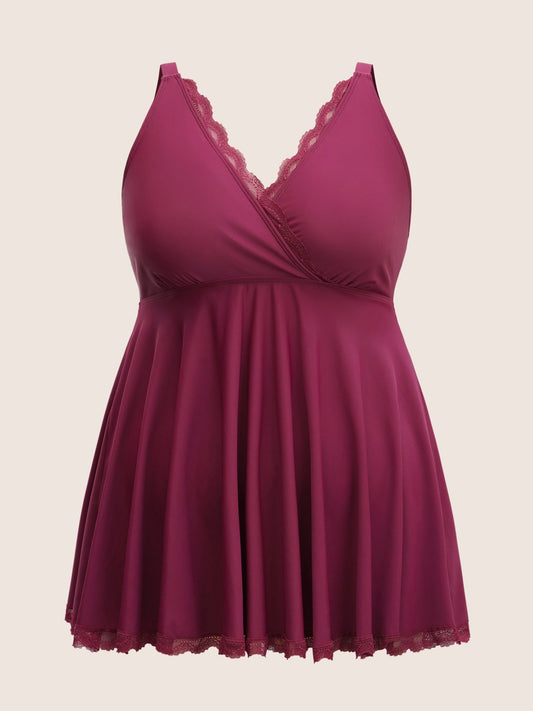 Lace Panel Gathered Adjustable Straps Swim Top