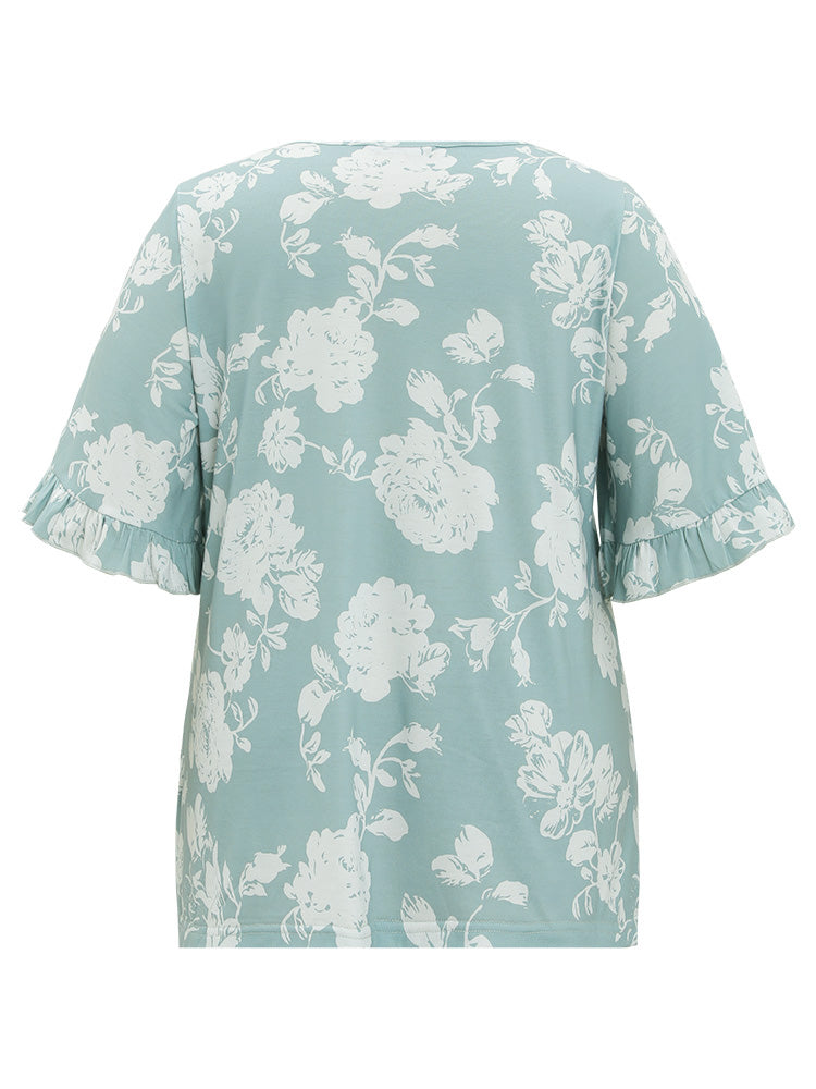 Floral Print Gathered Flutter Sleeve T-shirt