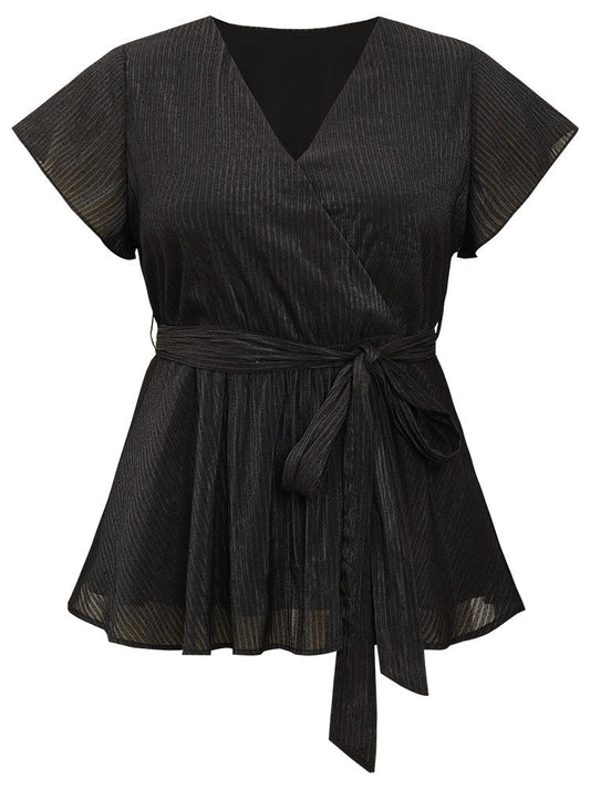 Plain Plisse Surplice Neck Belted Flutter Blouse