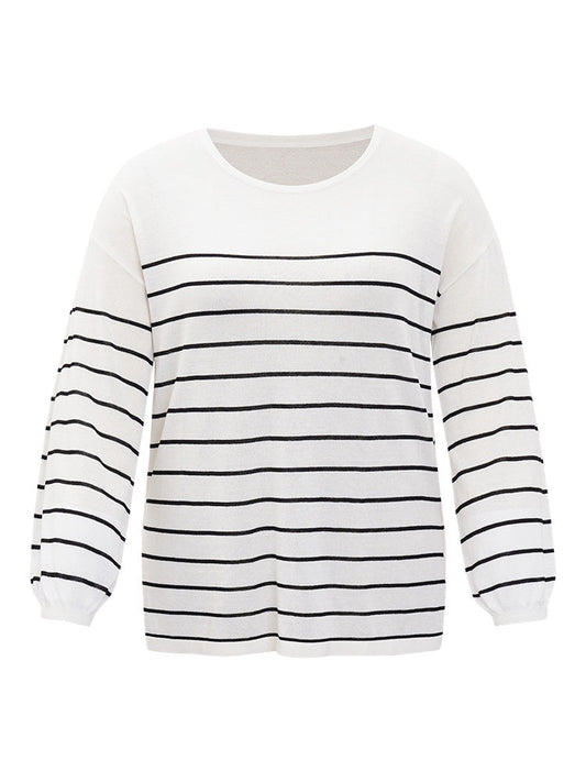 Striped Split Side Lightweight Elastic Cuffs Pullover