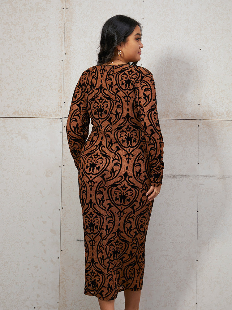 Geometric Print Mesh U Neck Bodycon Dress