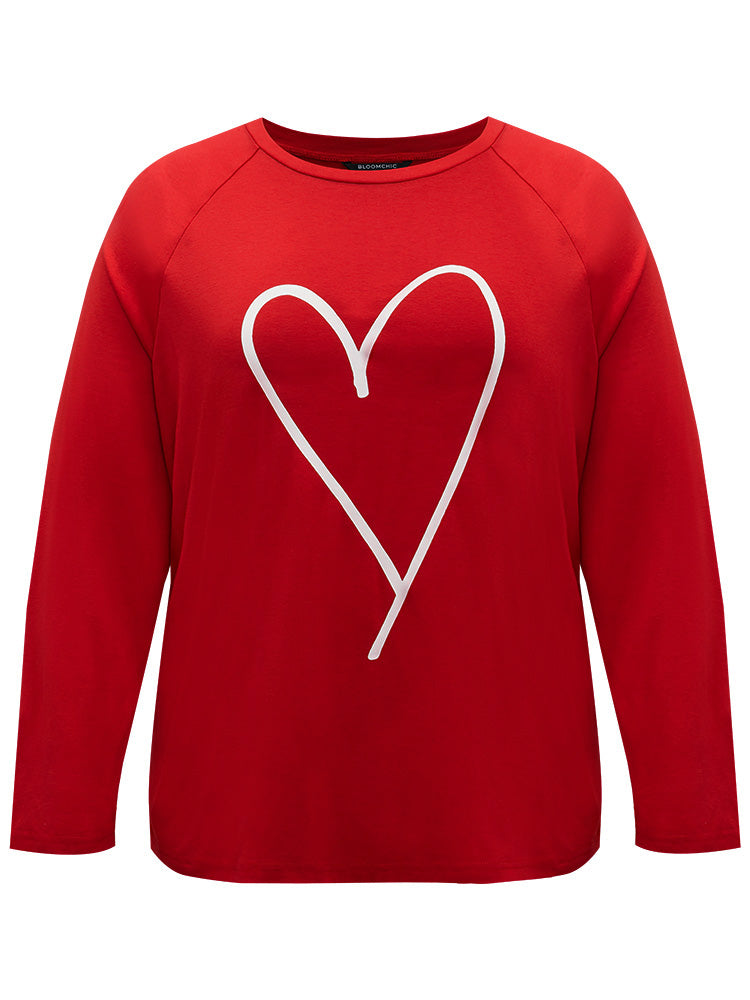 Heart Print Raglan Sleeve Crew Neck Sleep Top