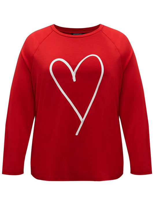 Heart Print Raglan Sleeve Crew Neck Sleep Top