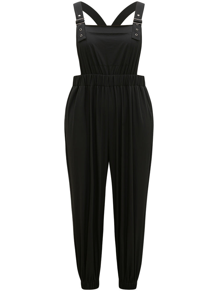 Solid Pocket Back Crisscross Elastic Waist Jumpsuit
