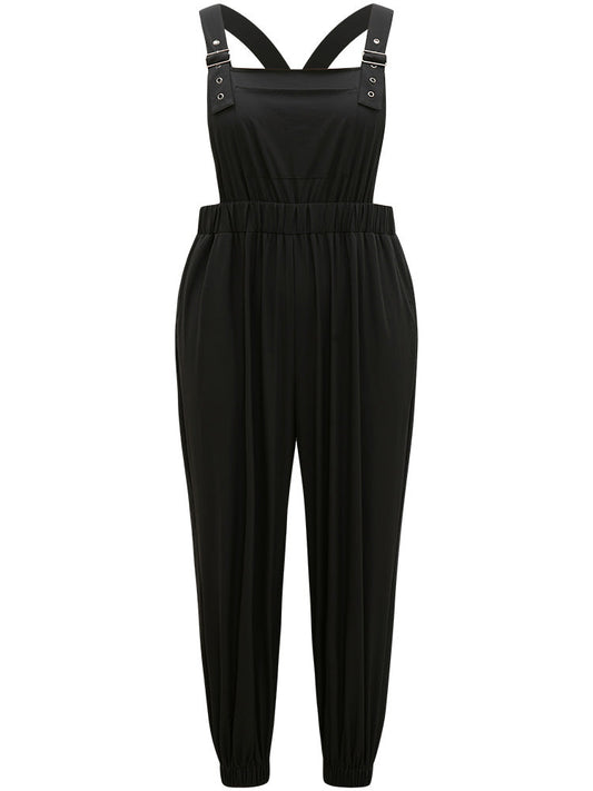 Solid Pocket Back Crisscross Elastic Waist Jumpsuit