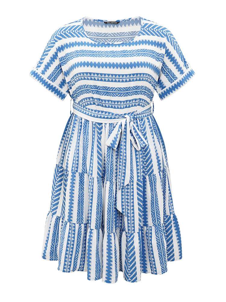 Striped Geo Pocket Belt Pocket Layered Hem Dress