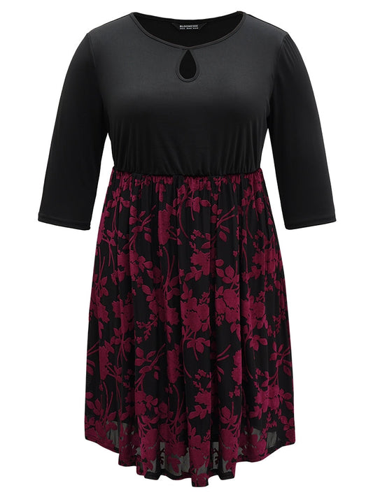 Contrast Flocking Keyhole Elastic Waist Dress