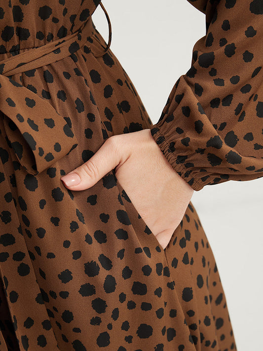 Polka Dot Pocket Lantern Sleeve Belted Wrap Dress