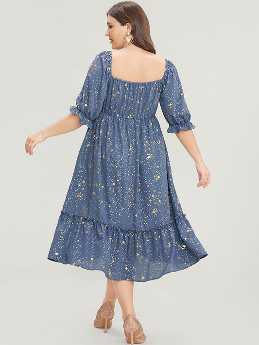 Star Print Square Neck Pocket Lantern Sleeve Ruffle Hem Dress