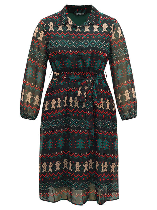 Christmas Button Through Belted Mesh Patchwork Dress