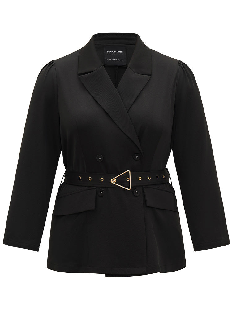 Solid Suit Collar Buckle Detail Belted Blazer