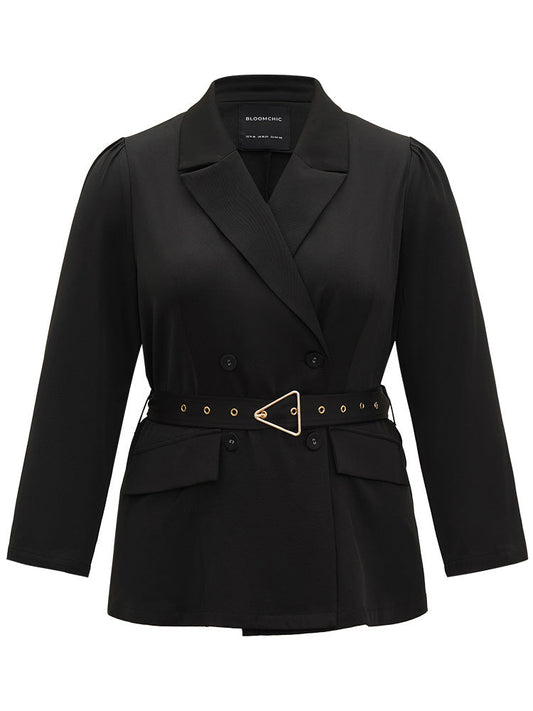 Solid Suit Collar Buckle Detail Belted Blazer
