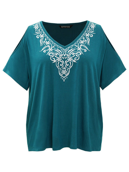 Silhouette Floral Print Embroidered Ruffle Cold Shoulder T-shirt