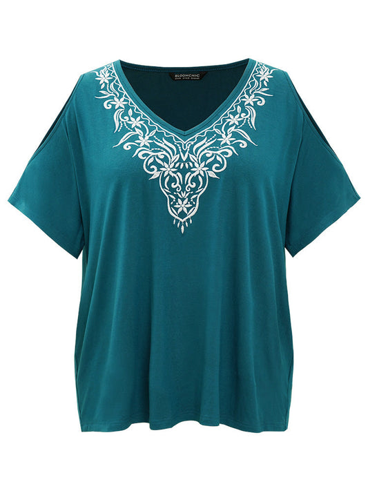 Silhouette Floral Print Embroidered Ruffle Cold Shoulder T-shirt