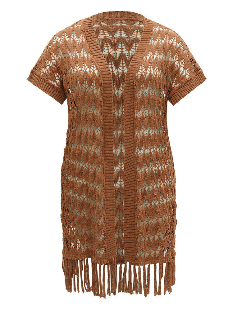 Plain Hollow Out Fringe Trim Cardigan