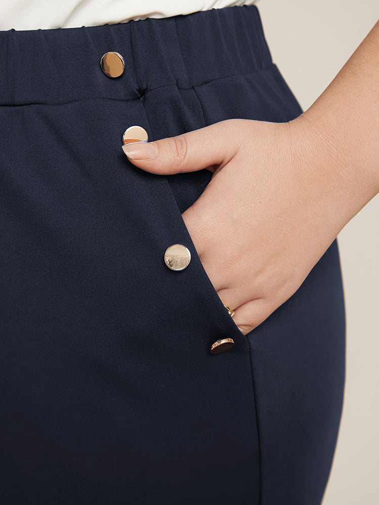 Plain Elastic Waist Button Detail Pocket Pants