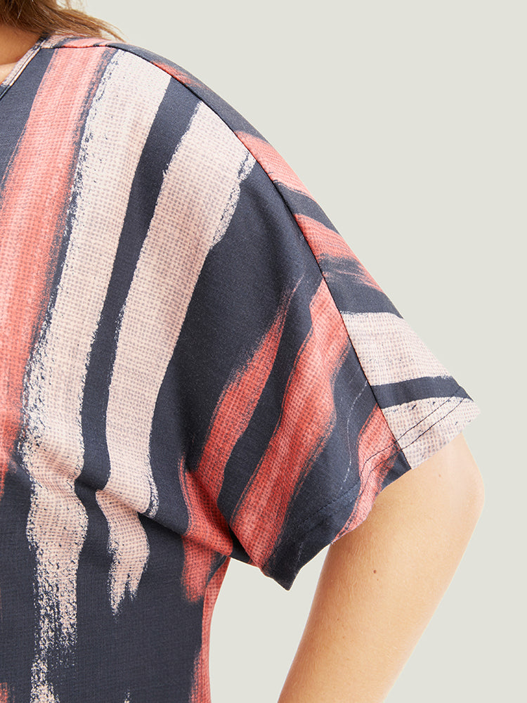 Striped Contrast Dolman Sleeve Round Neck Half Zipper T-shirt