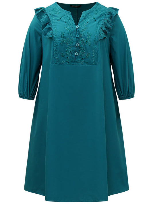 Plain Ruffle Trim Lantern Sleeve Dress