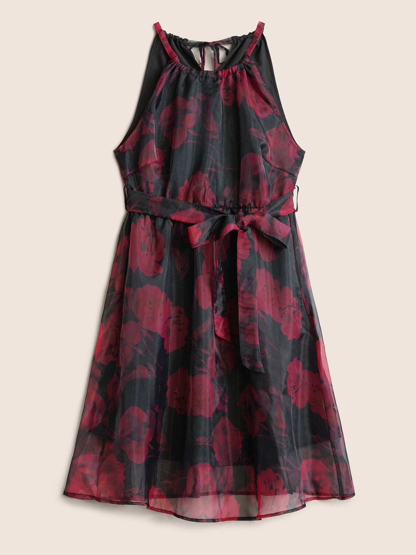 Halter Pixel Flower Mesh Gathered Belted Dress