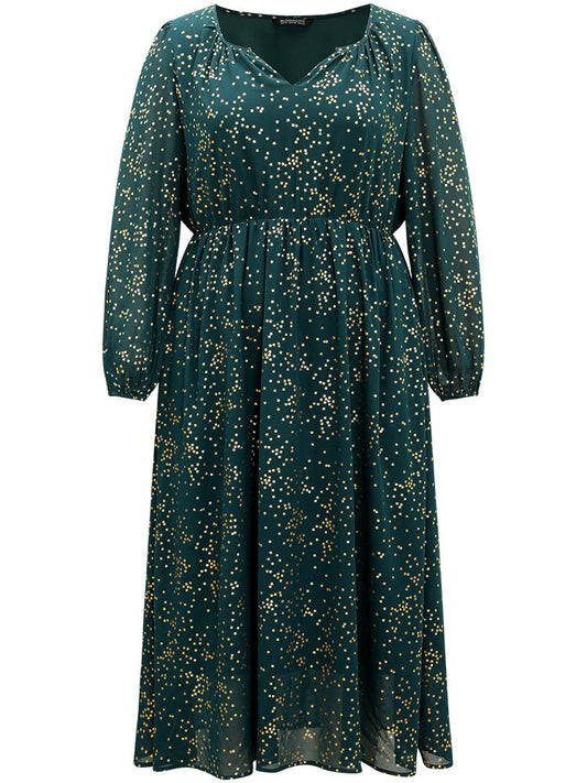 Glitter Star Notched Pleated Lantern Sleeve Dress