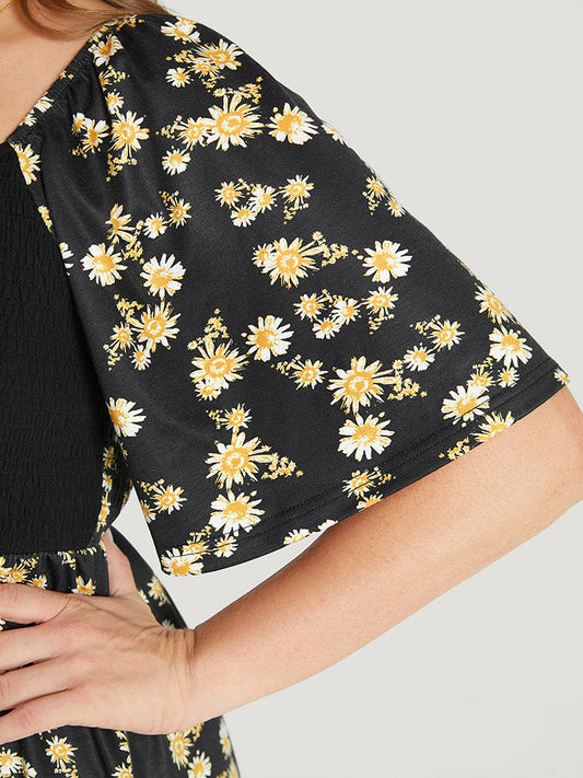 Daisy Floral Patchwork Ruffles Shirred T-shirt