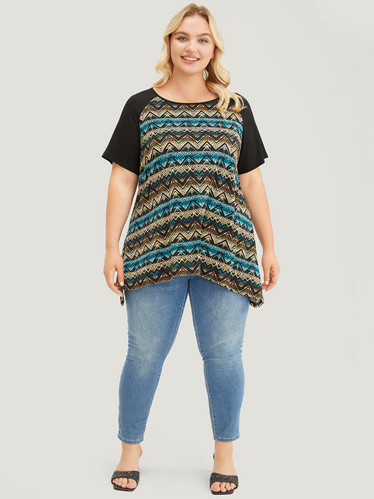 Bandana Contrast Raglan Sleeve Asymmetrical T-shirt