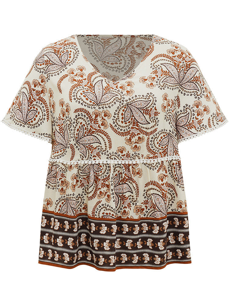Paisley Print V Neck Pompom Trim Flutter Sleeve Top