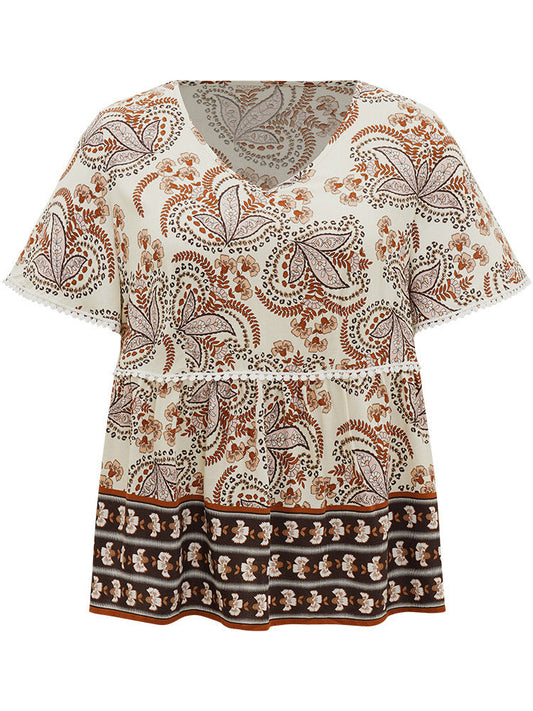 Paisley Print V Neck Pompom Trim Flutter Sleeve Top