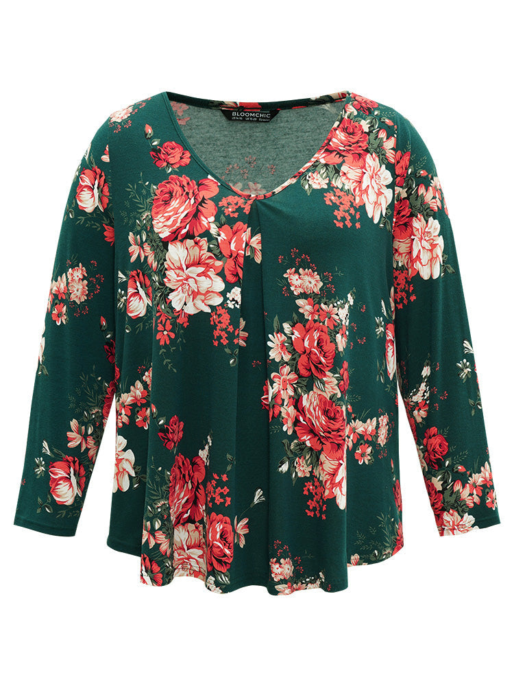 Floral Print Plicated Detail Flutter T-shirt